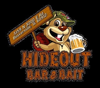 Cartoon beaver mascot holding a wooden sign for Hideout Bar and Bait with a beer mug