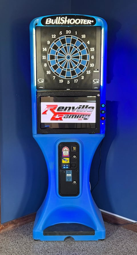 Blue BullShooter electronic dart machine with numbered dartboard display and Renvillo Gaming branding on lower screen