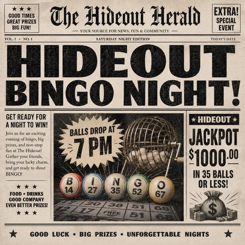 Vintage newspaper front page advertising Hideout Bingo Night with balls dropping at 7 PM and a $1000 jackpot prize
