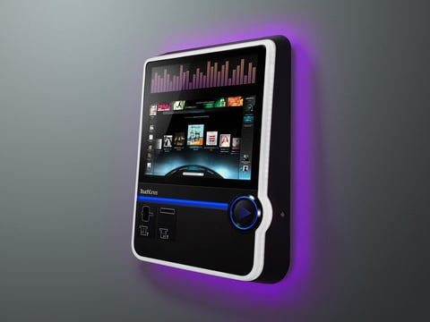 Sleek digital media device with purple backlit edges displaying music controls, app icons, and audio visualization bars on dark screen