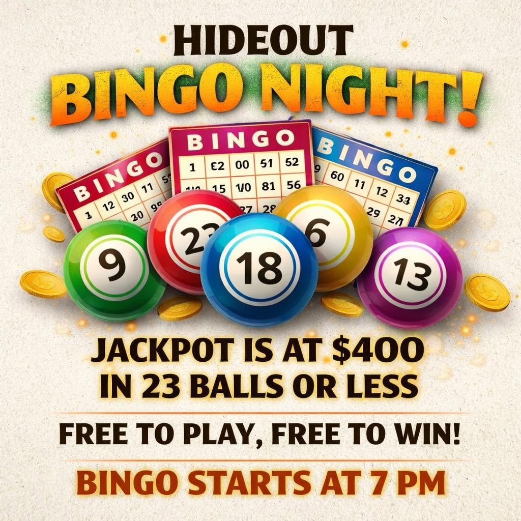 Bingo night event poster with colorful bingo balls, cards, and details about free-to-play game starting at 7 PM with $400 jackpot