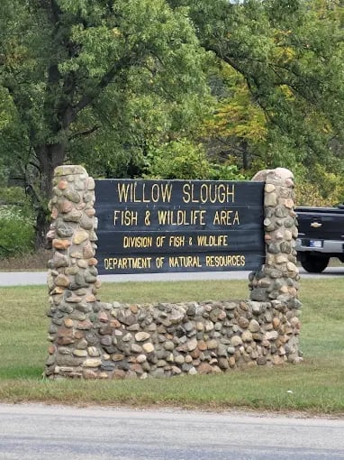 Stone entrance sign for Willow Slough Fish and Wildlife Area, Department of Natural Resources