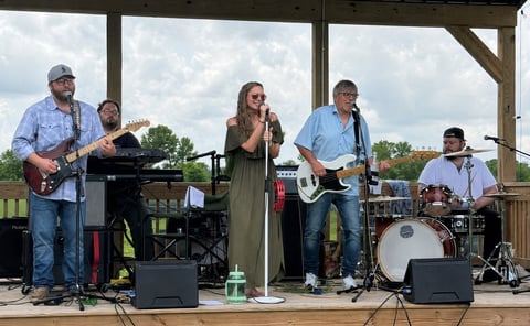 Live band performing on outdoor stage with guitarist, keyboardist, vocalist, bassist, and drummer under a covered pavilion